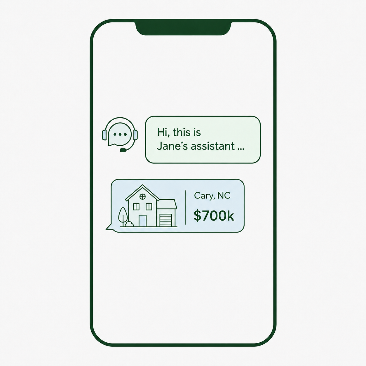 Phone showing an automated assistant text reply about a Cary, NC listing