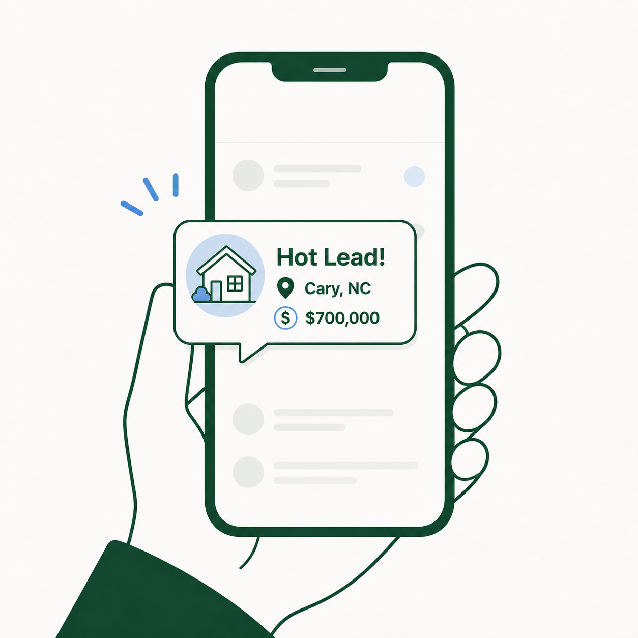 Hand holding a phone with a Hot Lead notification